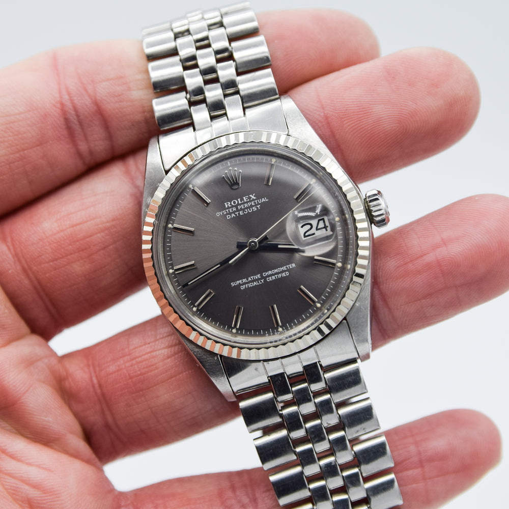 1972 Rolex Oyster Perpetual Datejust with White Gold Fluted Bezel and Sloped 'Sigma' Dial in Stainless Steel Model 1601