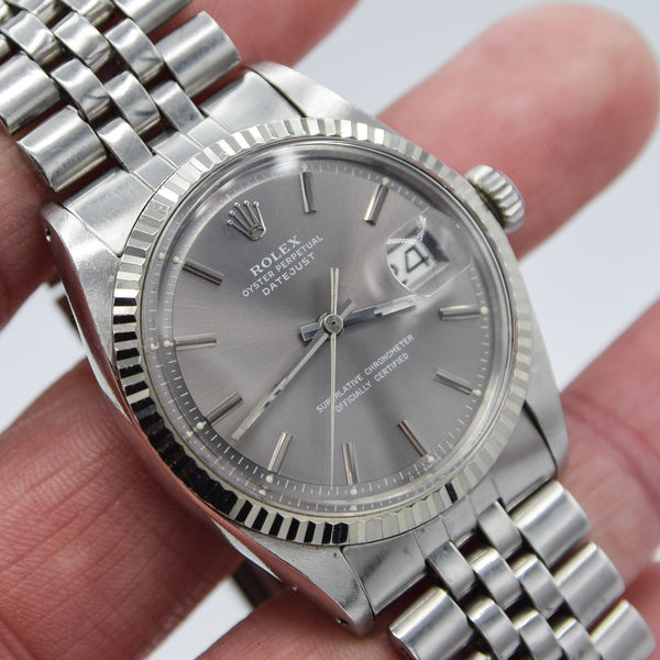 1972 Rolex Oyster Perpetual Datejust with White Gold Fluted Bezel and Sloped 'Sigma' Dial in Stainless Steel Model 1601