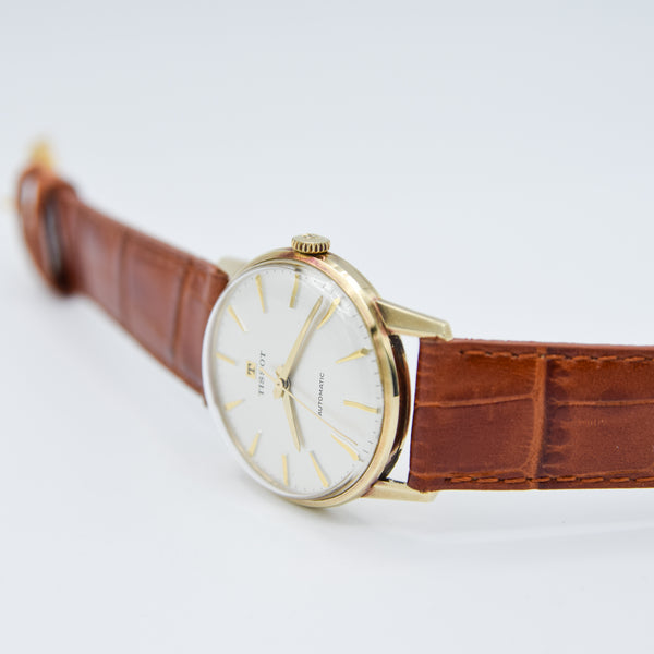 1974 Tissot Automatic Dress Watch with Linen Dial in 14ct Gold with Box Like New
