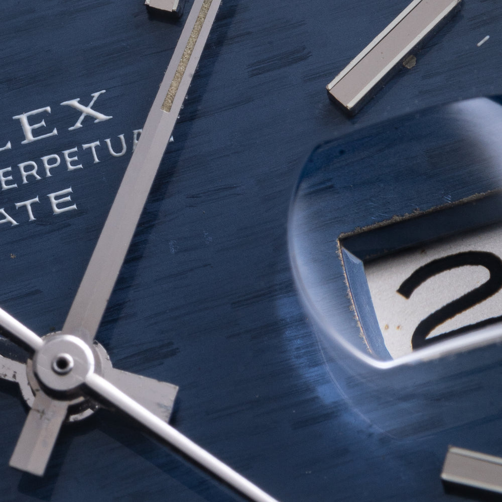 1971 Rolex Oyster Perpetual Date Model 1501 with Mosaic Blue Dial and Engine-Turned Bezel in Stainless Steel