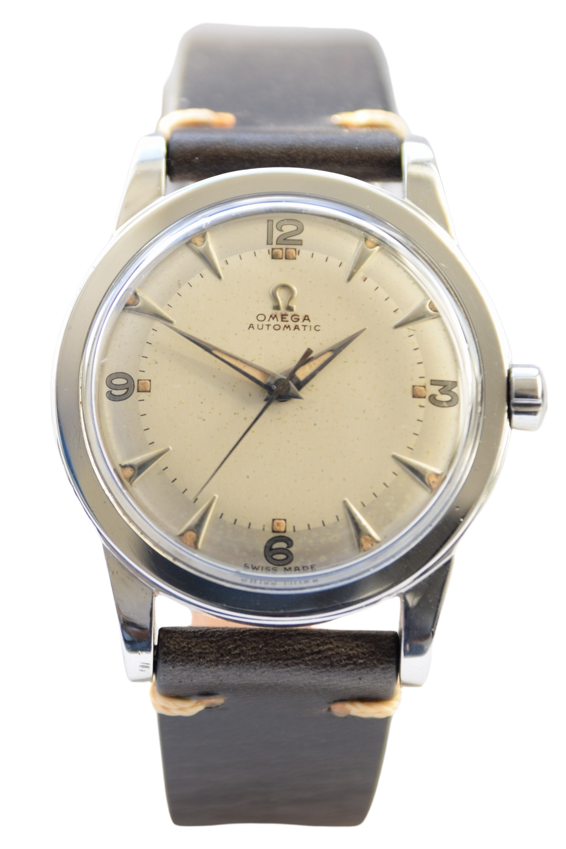 1949 Omega Automatic Bumper with Fabulous Original Two Tone Dial Model 2577 in Stainless Steel