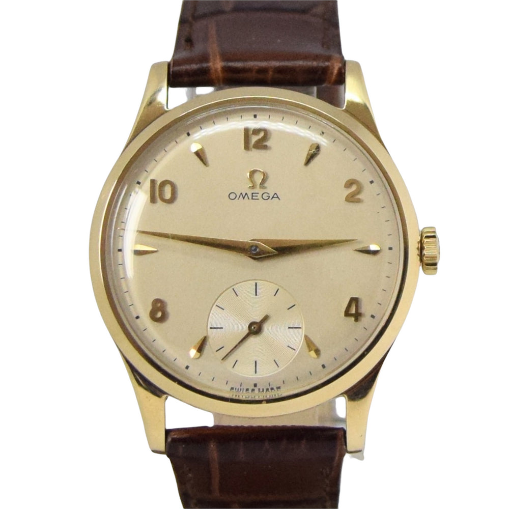1952 Omega Manual Wind Dress Watch Model 13322 in 9ct Gold with Mixed Arrow and Arabic Numerals Sub Seconds and Original Gold Buckle