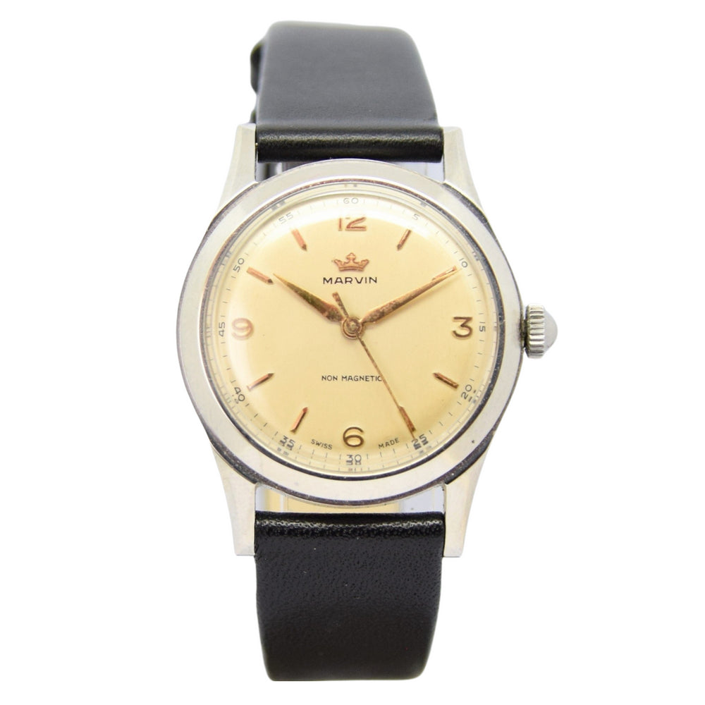 1960s Marvin Watch Company Switzerland Stainless Steel Wristwatch with Original Strap and Box