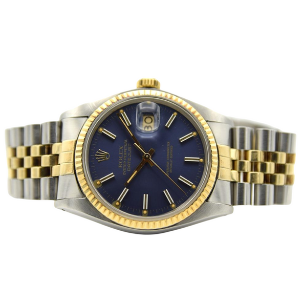1979 Stunning Rolex Gold & Steel Oyster Perpetual Datejust with Fluted Gold Bezel Blue Dial  Model 16013 + Box, Book & Swing Tags