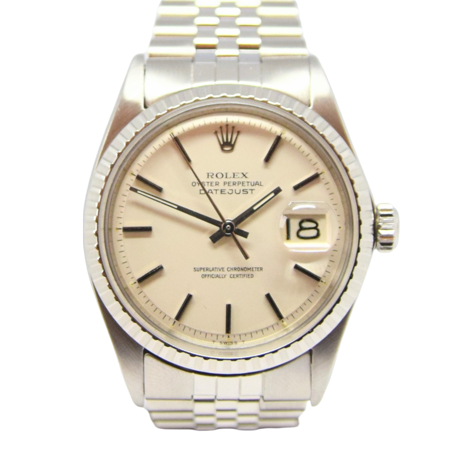1971 Rolex Oyster Perpetual Datejust with Engine Turned Bezel and Sloped Dial in Stainless Steel Model 1603 with Box