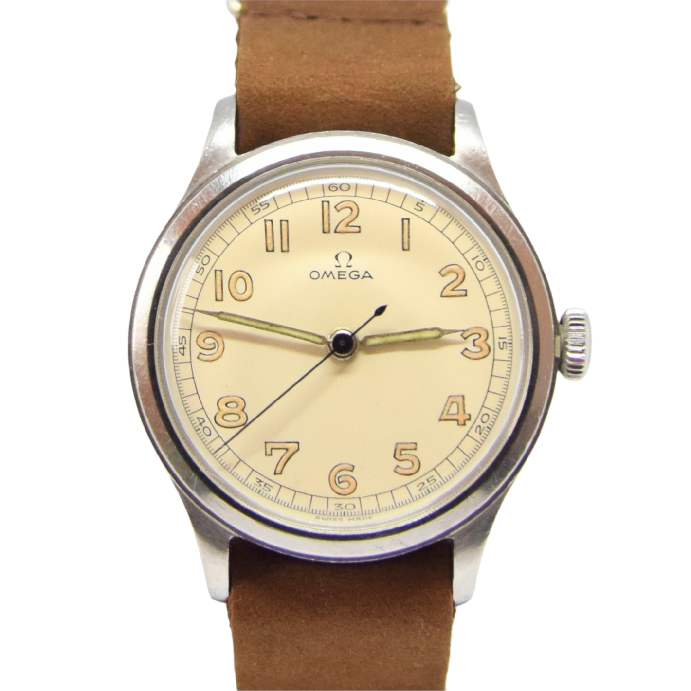 1944 Omega 35mm Military Style Wristwatch Model 2179-3 in Unpolished Stainless Steel Cal. 30T2