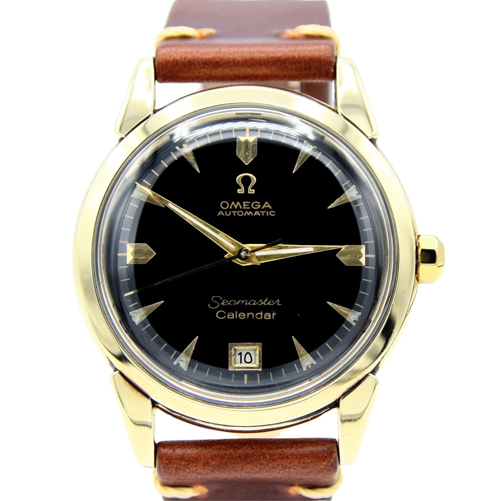 1952 Rare Omega Seamaster Automatic Bumper First Date Model 2627 with Black Dial in Solid 14ct Gold
