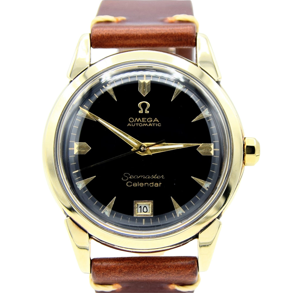 1952 Rare Omega Seamaster Automatic Bumper First Date Model 2627 with Black Dial in Solid 14ct Gold