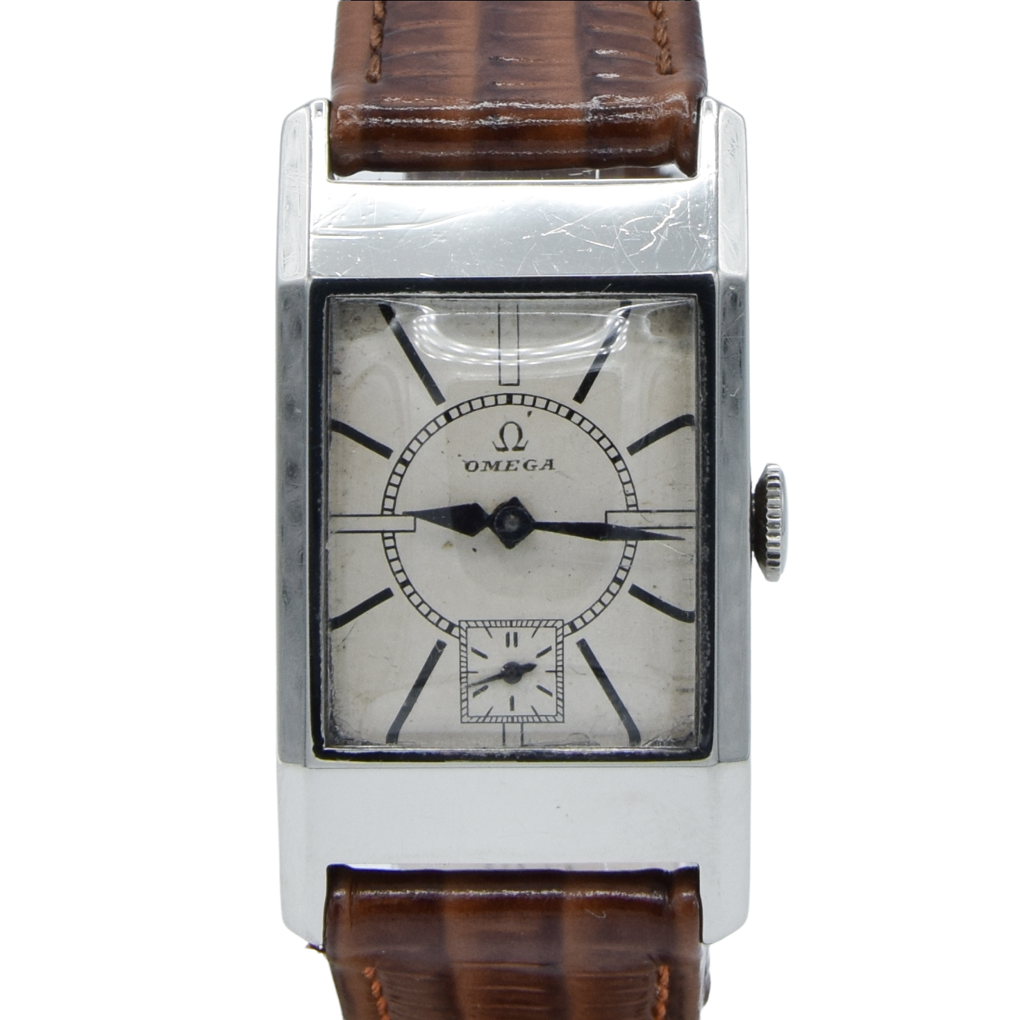 Omega Deco Style Tank Wristwatch Caliber 20F in Stainless Steel Case with Sunrise Dial Circa 1934