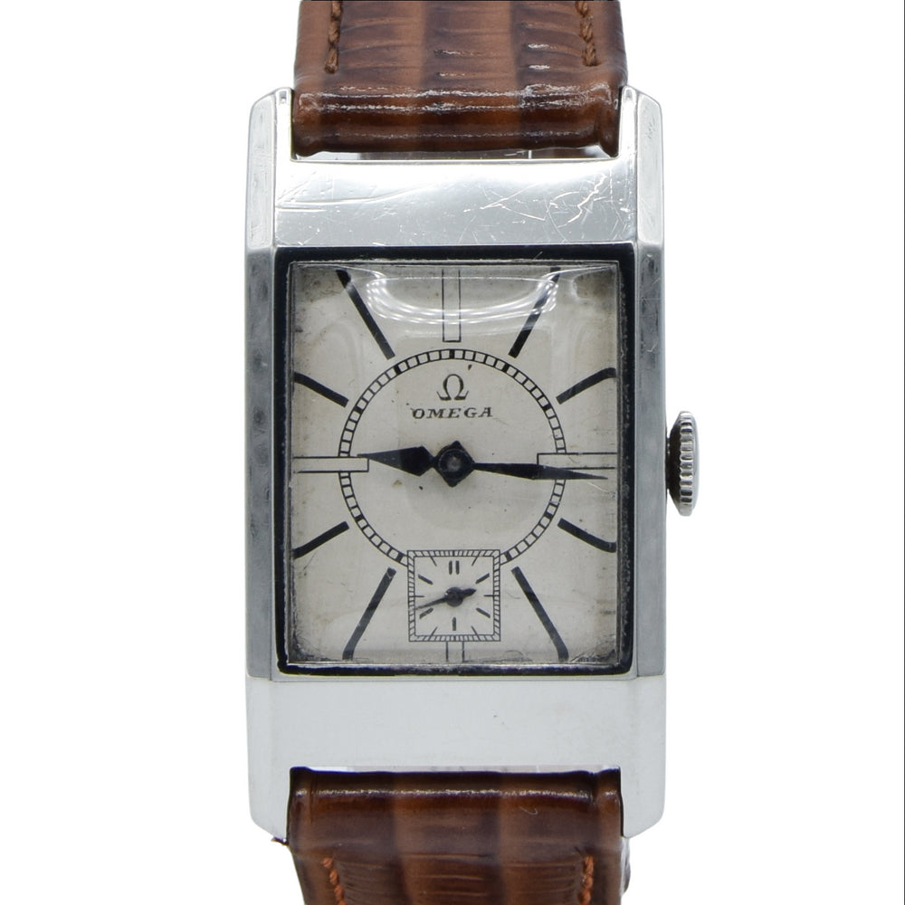 Omega Deco Style Tank Wristwatch Caliber 20F in Stainless Steel Case with Sunrise Dial Circa 1934