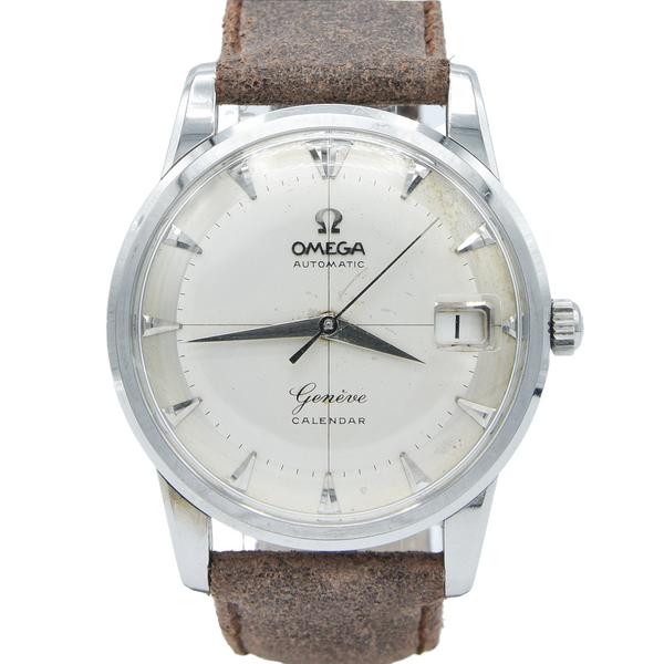 1959 Omega Rarer Geneve Calendar Automatic with Cross Hair Two Tone Dial and Central Seconds in Stainless Steel Model 2982