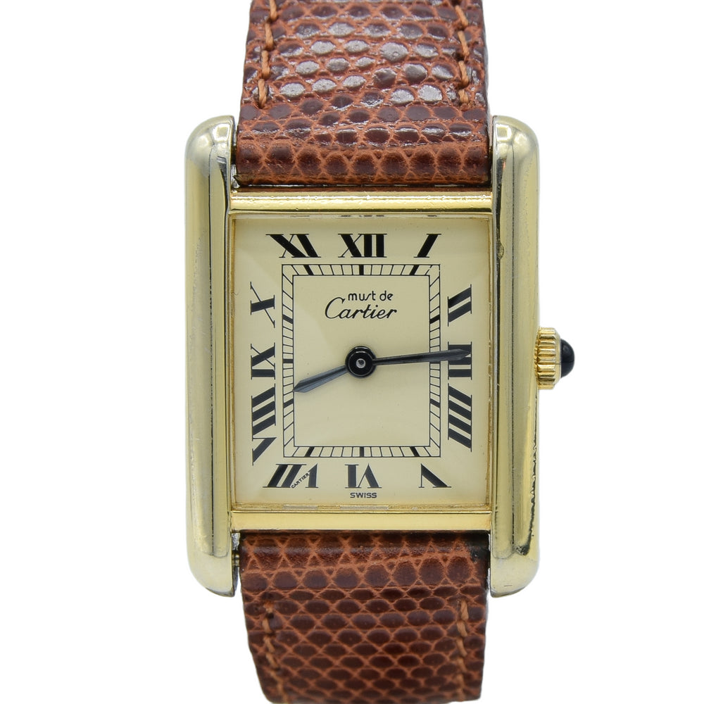 1980s Cartier Ladies Tank 925 Sterling Silver Gilt Vermeil Mechanical Manual Wind with Classic Roman Dial