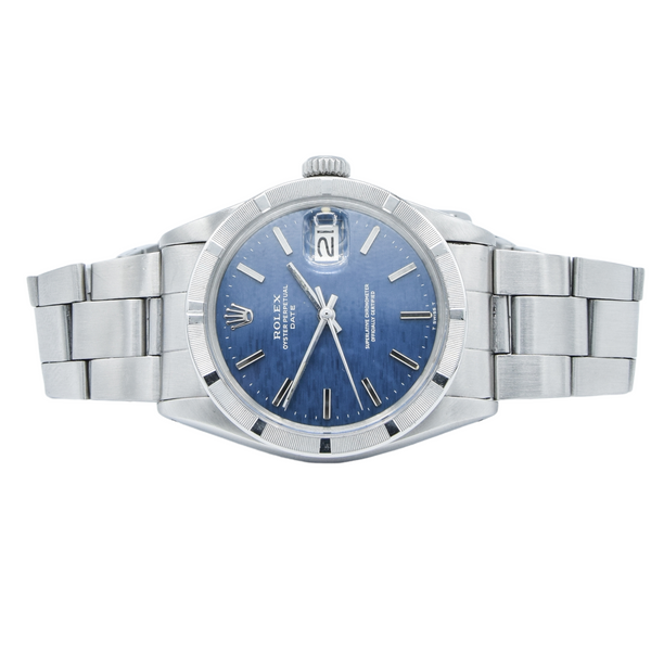 1971 Rolex Oyster Perpetual Date Model 1501 with Mosaic Blue Dial and Engine-Turned Bezel in Stainless Steel