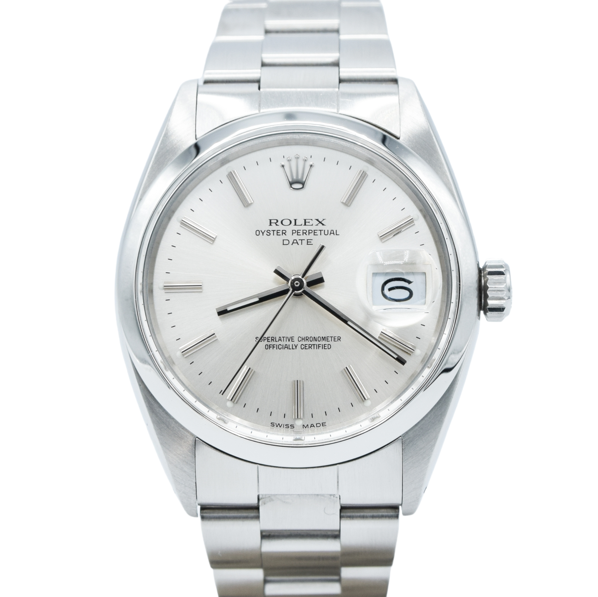 1965 Rolex Oyster Perpetual Date Model 1500 with Silvered Dial in Stainless Steel on Oyster Bracelet