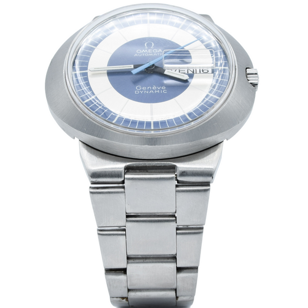 1969 Omega Geneve Dynamic Automatic French Day Date with Two Tone Silver and Blue Bullseye Dial Model 166.079 in Stainless Steel on Bracelet
