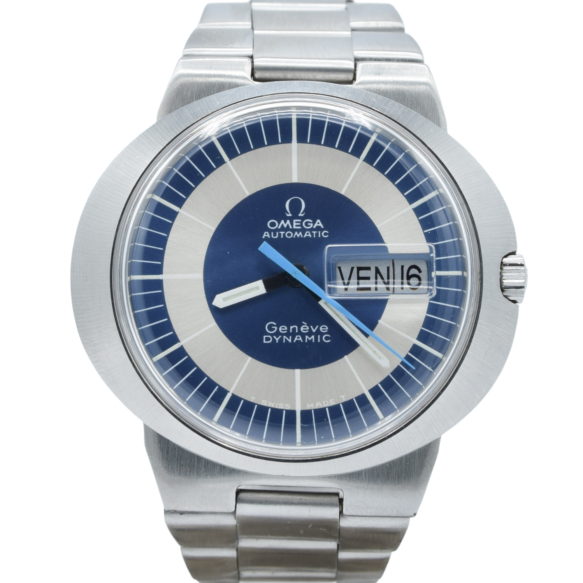 1969 Omega Geneve Dynamic Automatic French Day Date with Two Tone Silver and Blue Bullseye Dial Model 166.079 in Stainless Steel on Bracelet