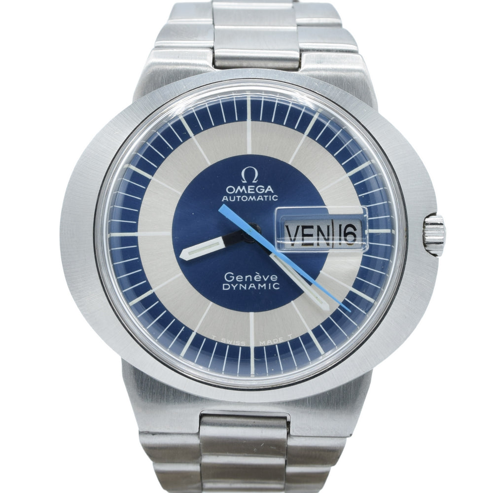 1969 Omega Geneve Dynamic Automatic French Day Date with Two Tone Silver and Blue Bullseye Dial Model 166.079 in Stainless Steel on Bracelet