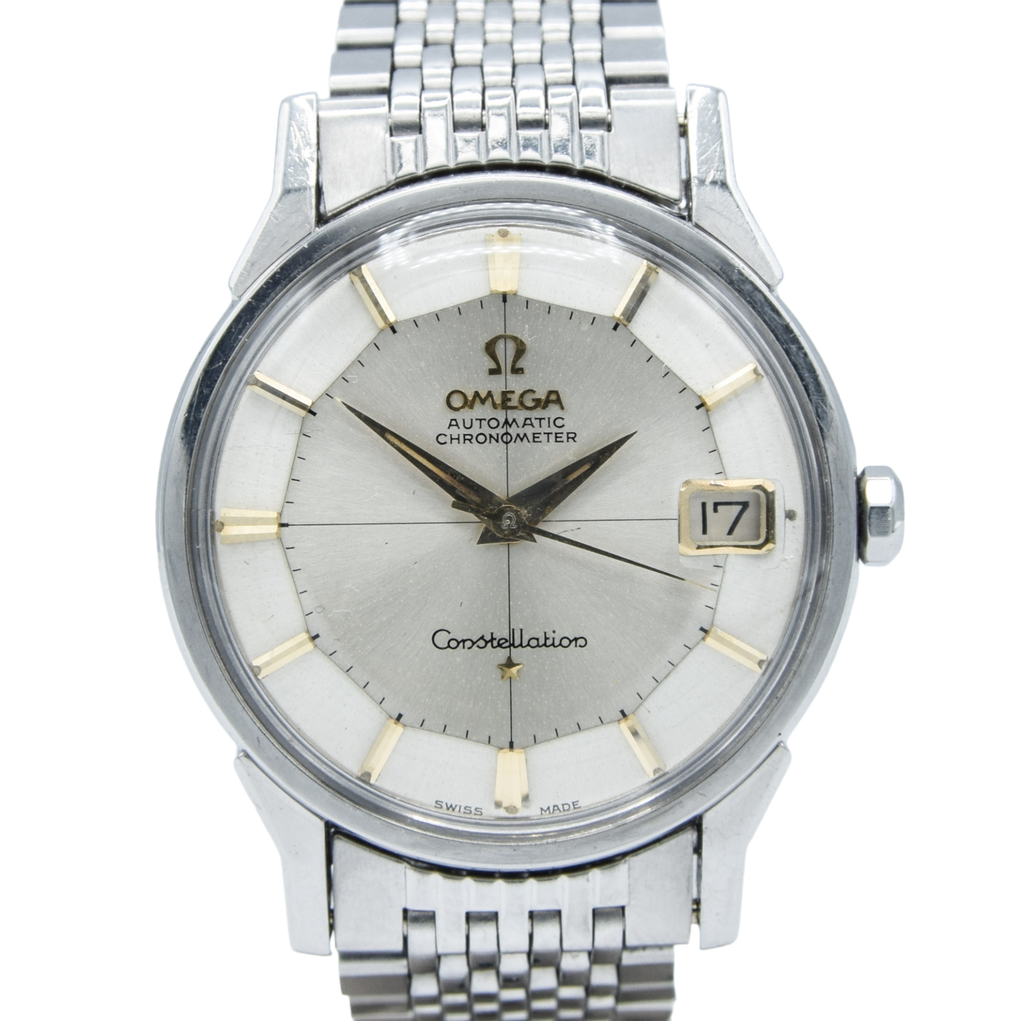 1962 Omega Constellation with Stunning Cross-Hair Pie Pan Model 14902 with Dog Legs on Flat Beads of Rice