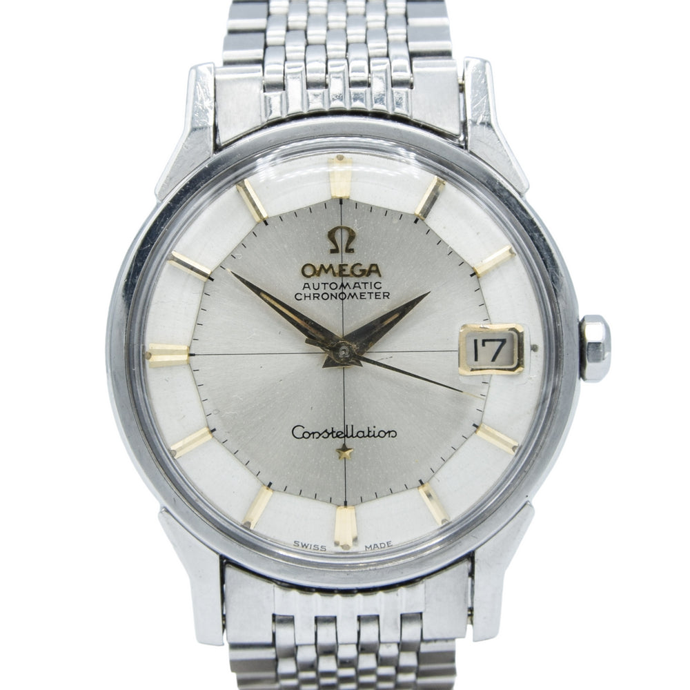 1962 Omega Constellation with Stunning Cross-Hair Pie Pan Model 14902 with Dog Legs on Flat Beads of Rice Bracelet