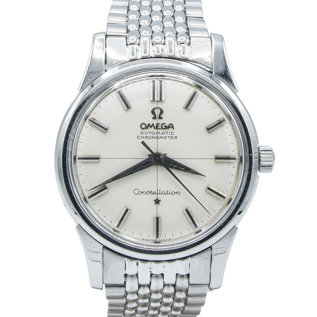 1962 Omega Constellation with Stunning Cross-Hair Pie Pan Model 14902 with Dog Legs on Flat Beads of Rice Bracelet