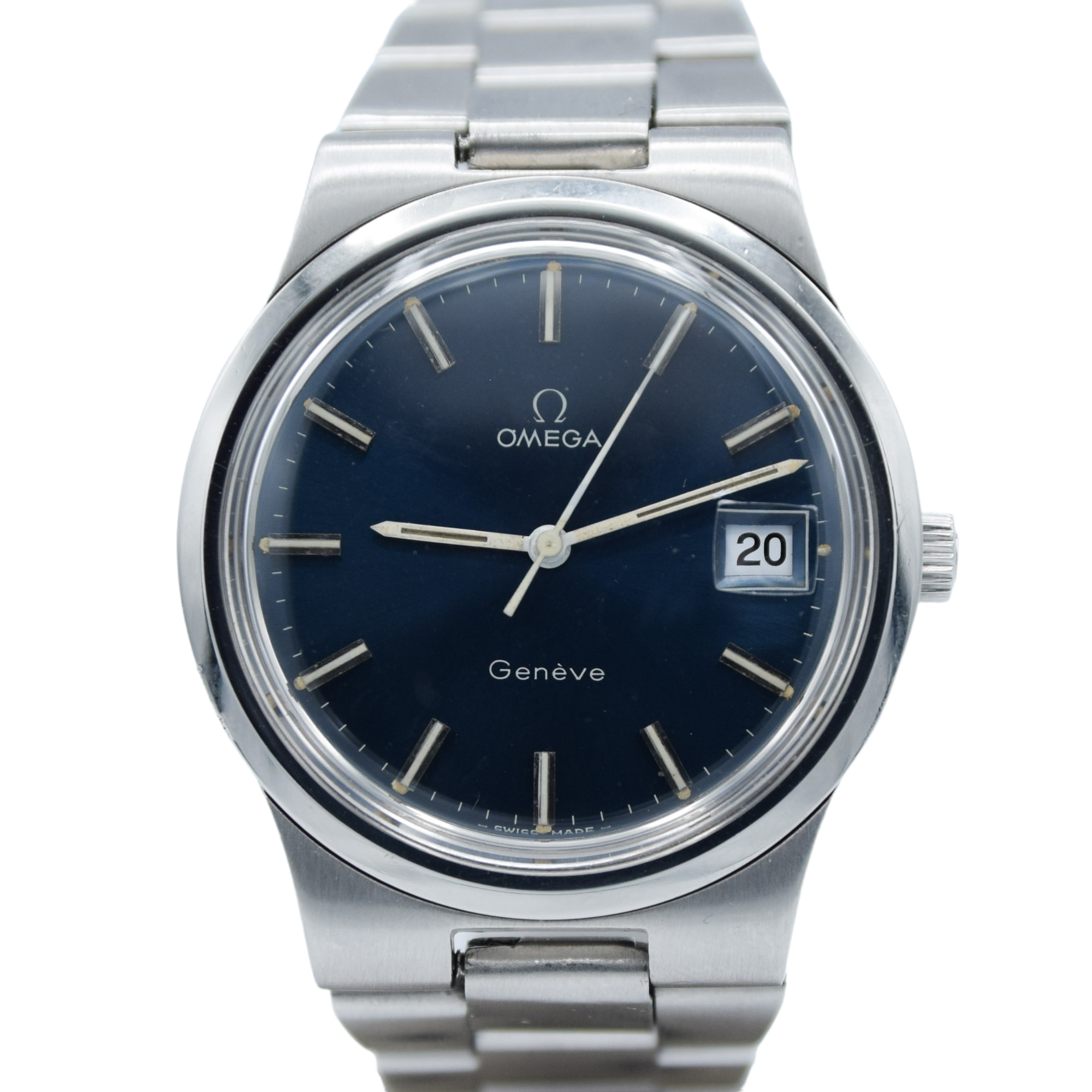 1978 Omega Geneve Date with Stunning Original Electric Blue Dial Model 136.0103 on bracelet