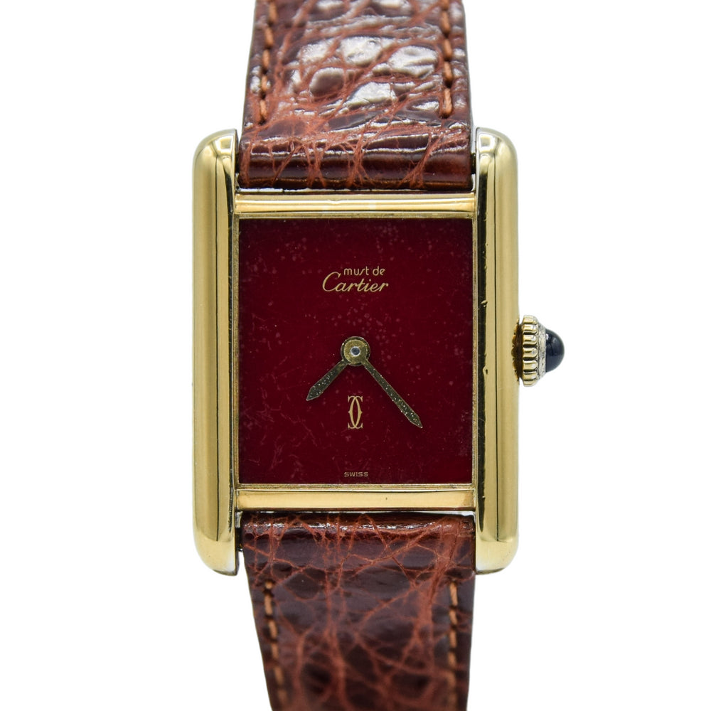 1979 Cartier Ladies Tank Mechanical with Unique Burgundy Red Patina Dial in 925 Sterling Silver Gilt Vermeil Case with Box and Papers