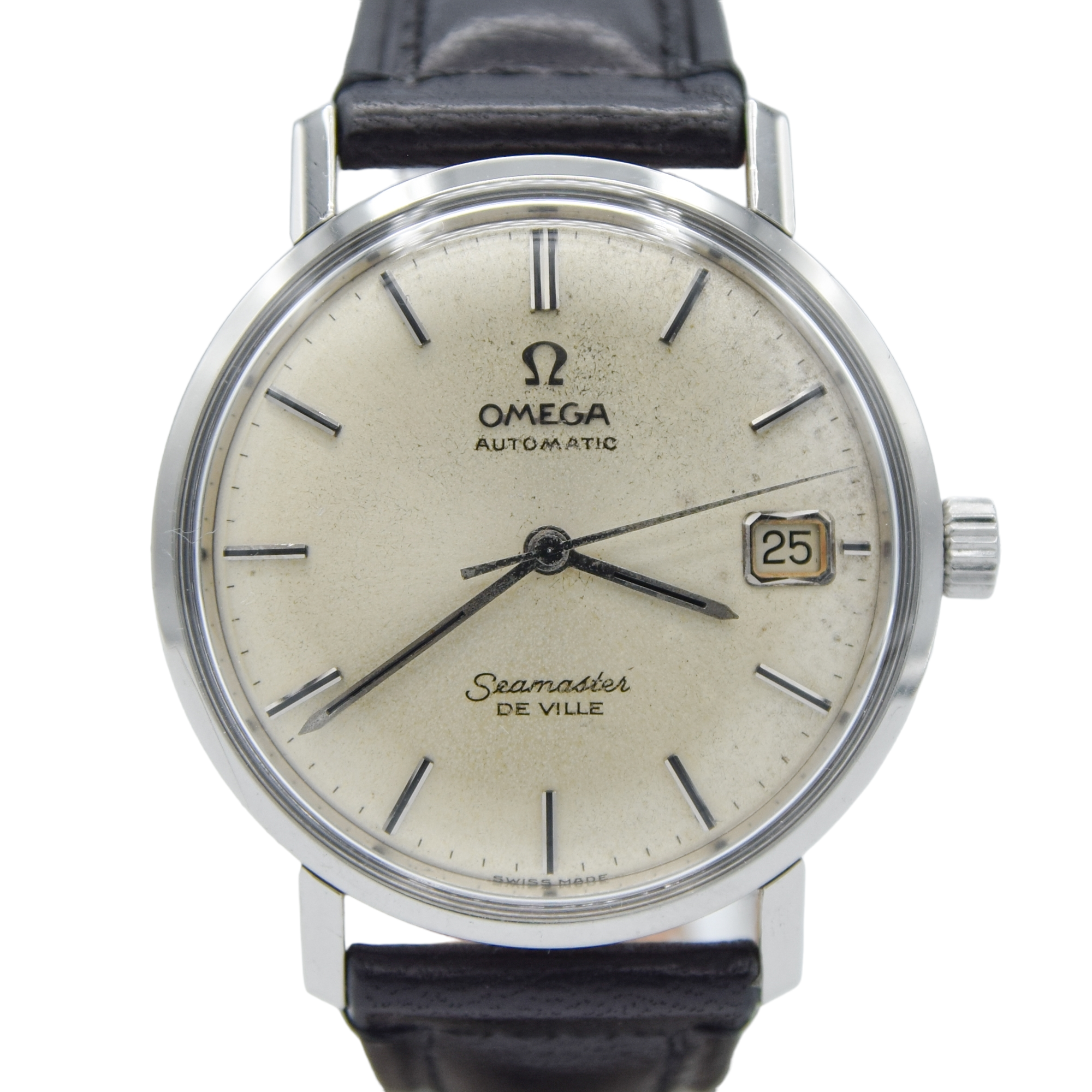 1966 Omega Automatic Seamaster De Ville Date Model 166.020 Wristwatch with Patina Dial and Hippocampus Back in Stainless Steel