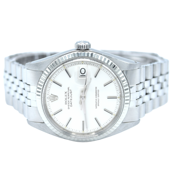 1971 Sharp Rolex Oyster Perpetual Datejust with White Gold Fluted Bezel Model 1601 in Stainless Steel on Jubilee Bracelet