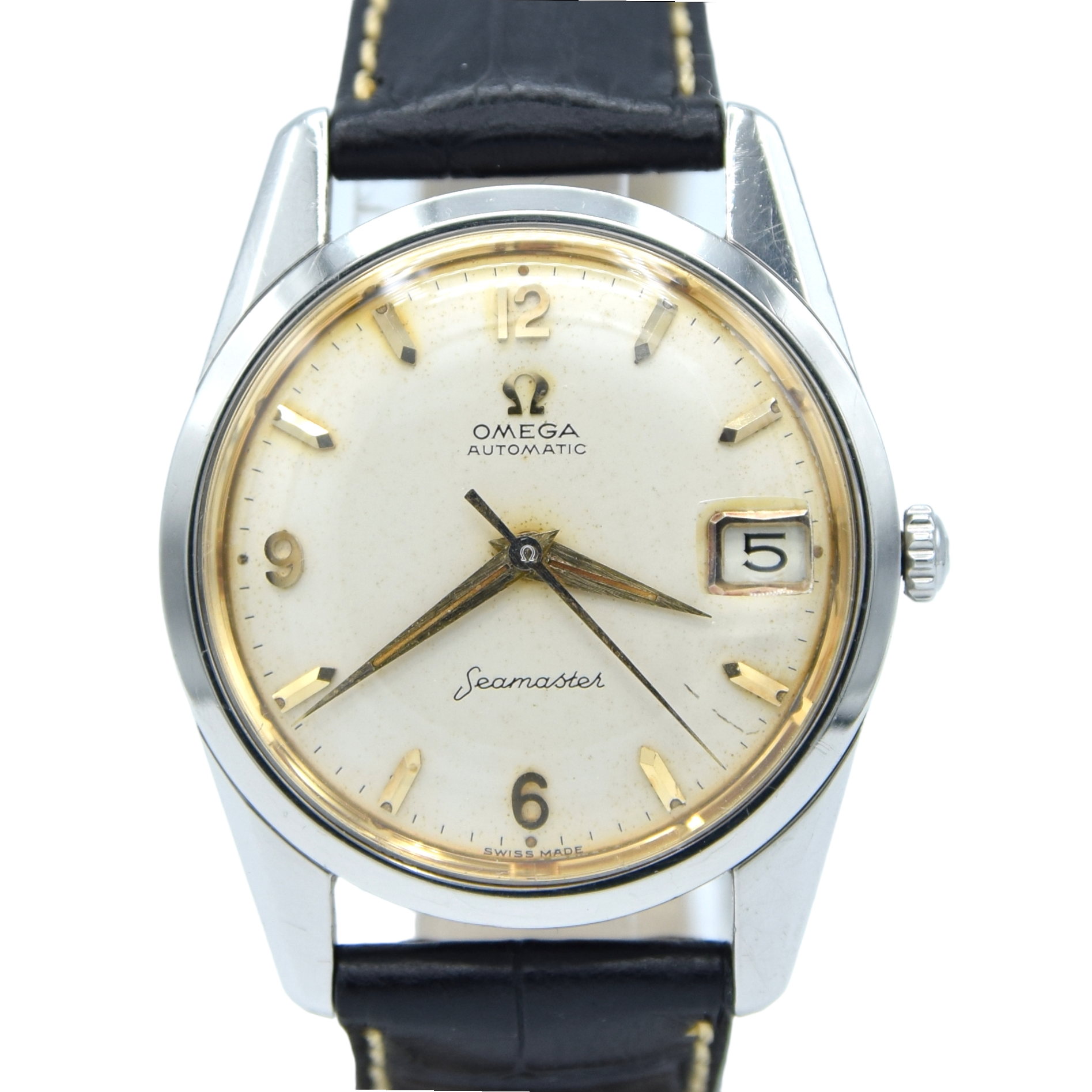 1959 Omega Seamaster Automatic Date Wristwatch Model 14710 with Original Off-White Dial in Stainless Steel