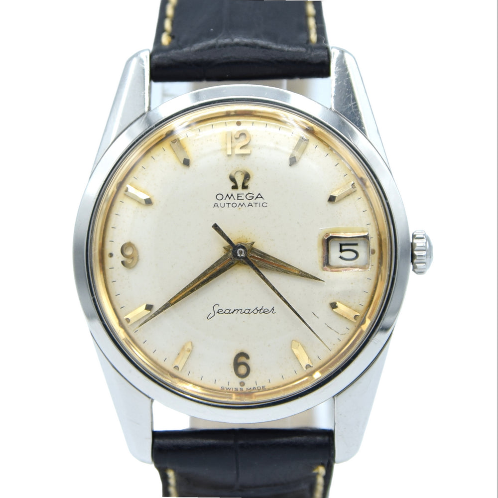 1959 Omega Seamaster Automatic Date Wristwatch Model 14710 with Original Off-White Dial in Stainless Steel