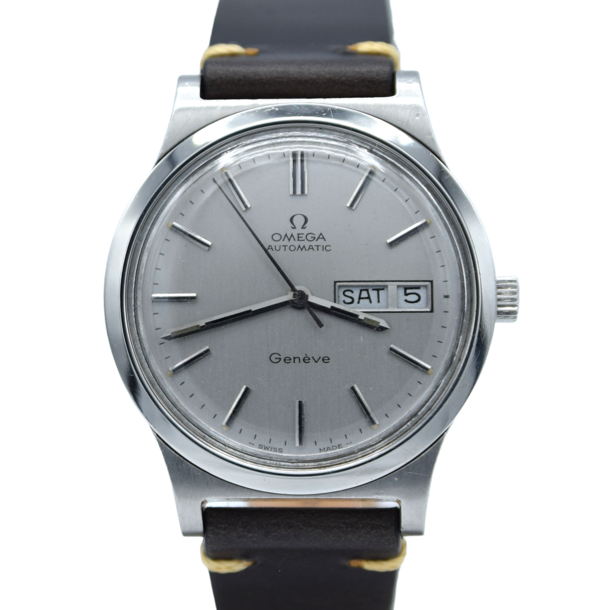 1970 Omega Genève Automatic Day/Date in Stainless Steel Model 166.0169 with Original Omega Buckle, Box and Papers