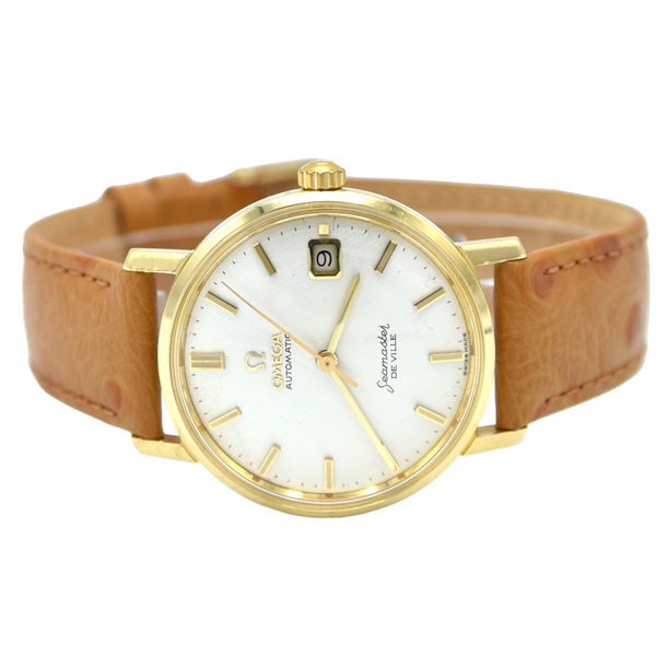 1963 Omega Automatic Seamaster De Ville Date Model 166.5020 in Solid 18ct Gold with Linen Dial with Box