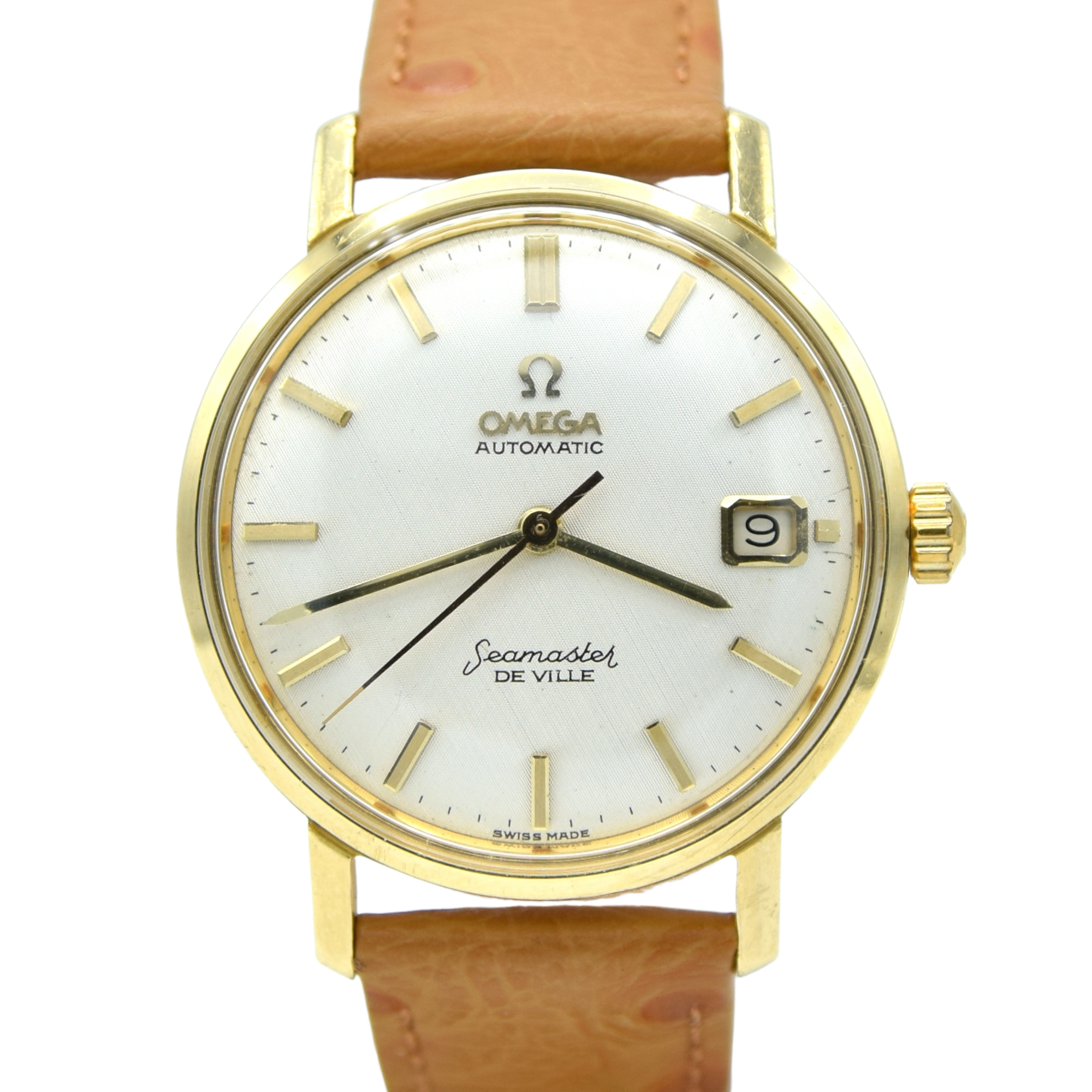 1963 Omega Automatic Seamaster De Ville Date Model 166.5020 in Solid 18ct Gold with Linen Dial with Box