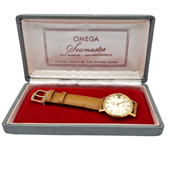 1963 Omega Automatic Seamaster De Ville Date Model 166.5020 in Solid 18ct Gold with Linen Dial with Box