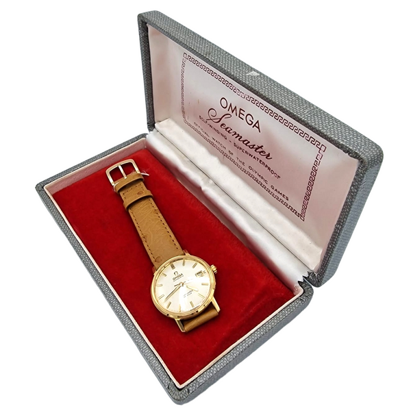 1963 Omega Automatic Seamaster De Ville Date Model 166.5020 in Solid 18ct Gold with Linen Dial with Box