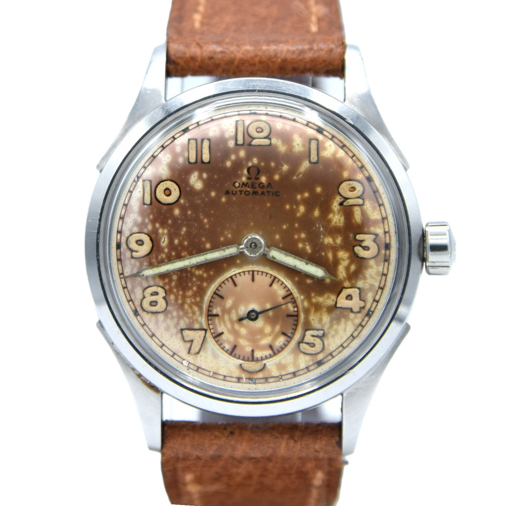 1943 Omega Bumper Automatic with Pancake Dial and Rare Arabic Numerals Model 2375 in Stainless Steel with Vintage Strap and Original Buckle