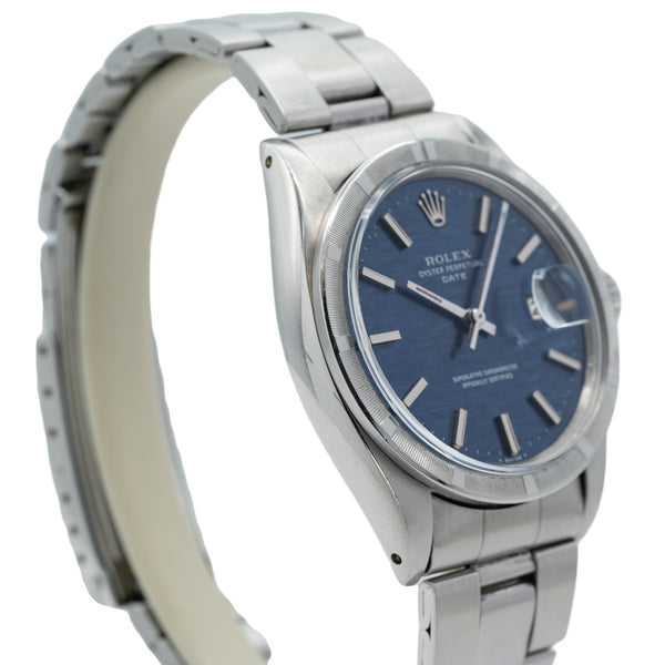 1971 Rolex Oyster Perpetual Date Model 1501 with Mosaic Blue Dial and Engine-Turned Bezel in Stainless Steel