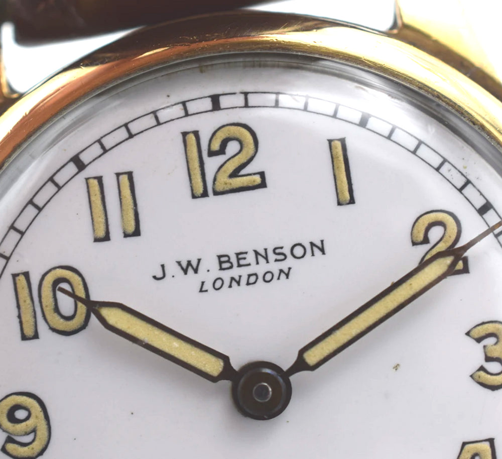 JW Benson with Arabic Numerals, Enamel Dial and Original Box in 9ct Gold 1946