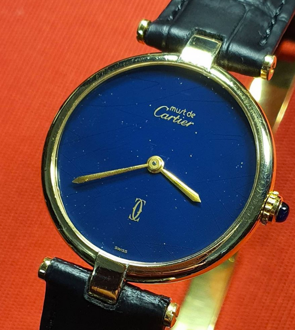 Cartier Ronde Vermeil with Lapis-Type Dial and Vendôme Lugs in Sterling Silver 925 Gilt Circa 1990s
