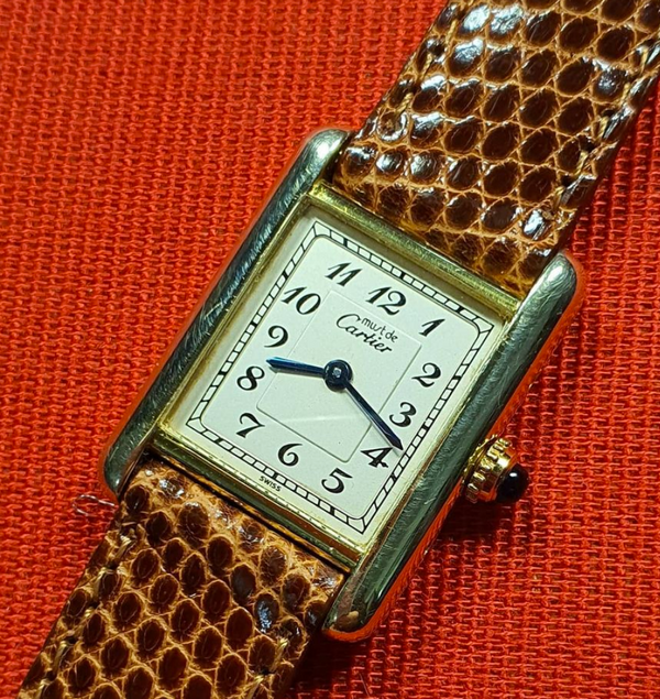 1990s Ladies Swiss Quartz Cartier Tank with Arabic Numerals in Sterling Silver Gilt