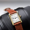 1990s Ladies Swiss Quartz Cartier Tank with Arabic Numerals in Sterling Silver Gilt