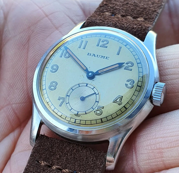1940s Baume Manual Wind Wristwatch with Original Salmon Dial and Great Lume! UK Agent for Longines