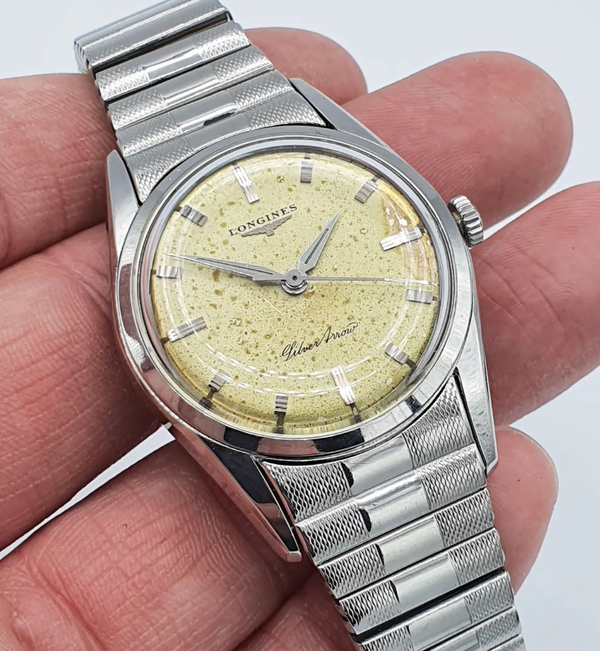 1957 Longines Silver Arrow Manual Wind in Stainless Steel on Rare Longines Fixoflex Bracelet Model 9100 & Archive Extract