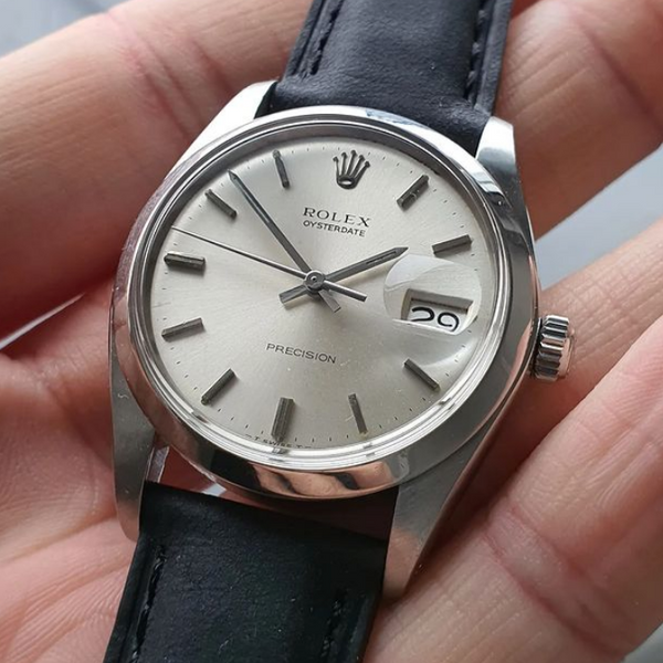 1973 Rolex Oysterdate Precision Wristwatch Model 6694 with Original Silvered Dial in Stainless Steel Oyster Case on Leather + buckle