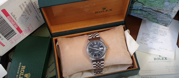 1979 Stunning Rolex Steel Oyster Perpetual Datejust Engine Turned Bezel & Black Dial Model 16030 with Box, Book & History