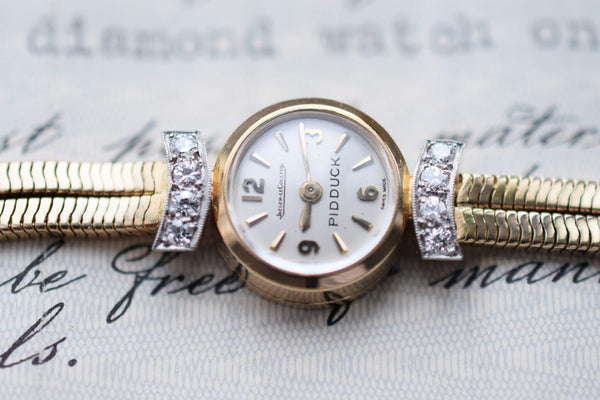 Jaeger LeCoultre Pidduck's Ladies Cocktail Watch in Gold with Diamonds Dated 1960 with original box and papers