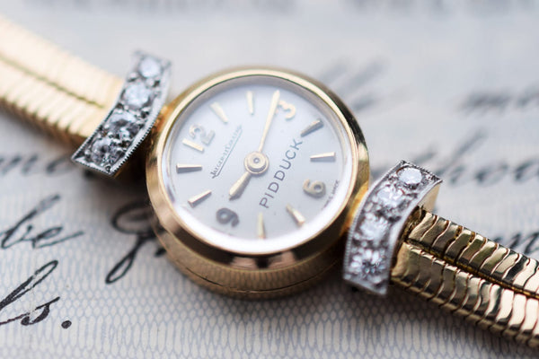 Jaeger LeCoultre Pidduck's Ladies Cocktail Watch in Gold with Diamonds Dated 1960 with original box and papers