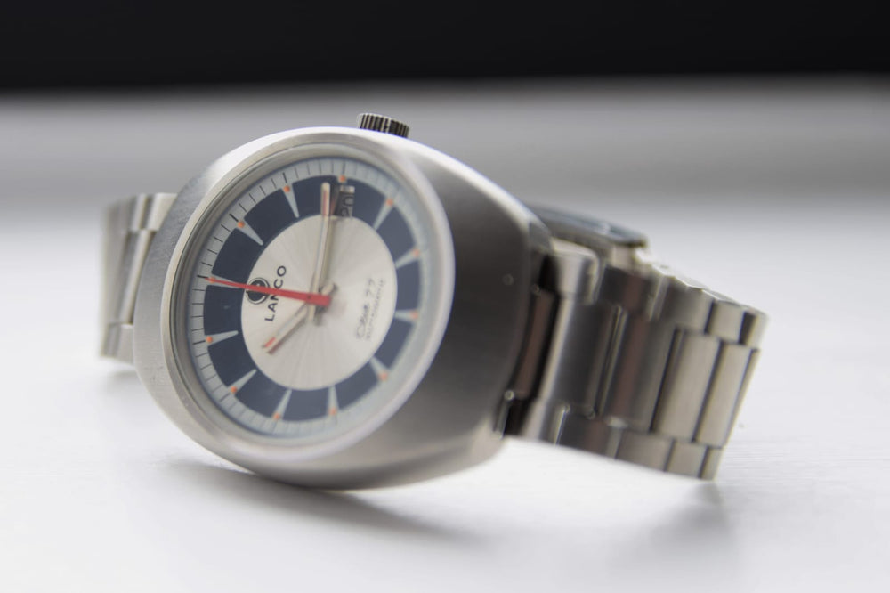 NOS unused swiss Lanco Club 77 retro watch in Stainless Steel on Bracelet Dated 1977