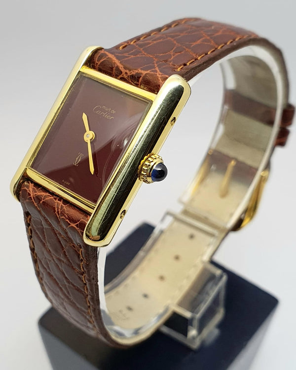Ladies Cartier Tank Mechanical with Burgundy Dial in 925 Silver Gilt 1970s
