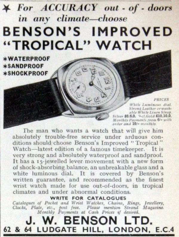 1933 JW Benson Submarine Watch with Enamel Dial and Arabic Numerals in 18ct Gold Cushion Case